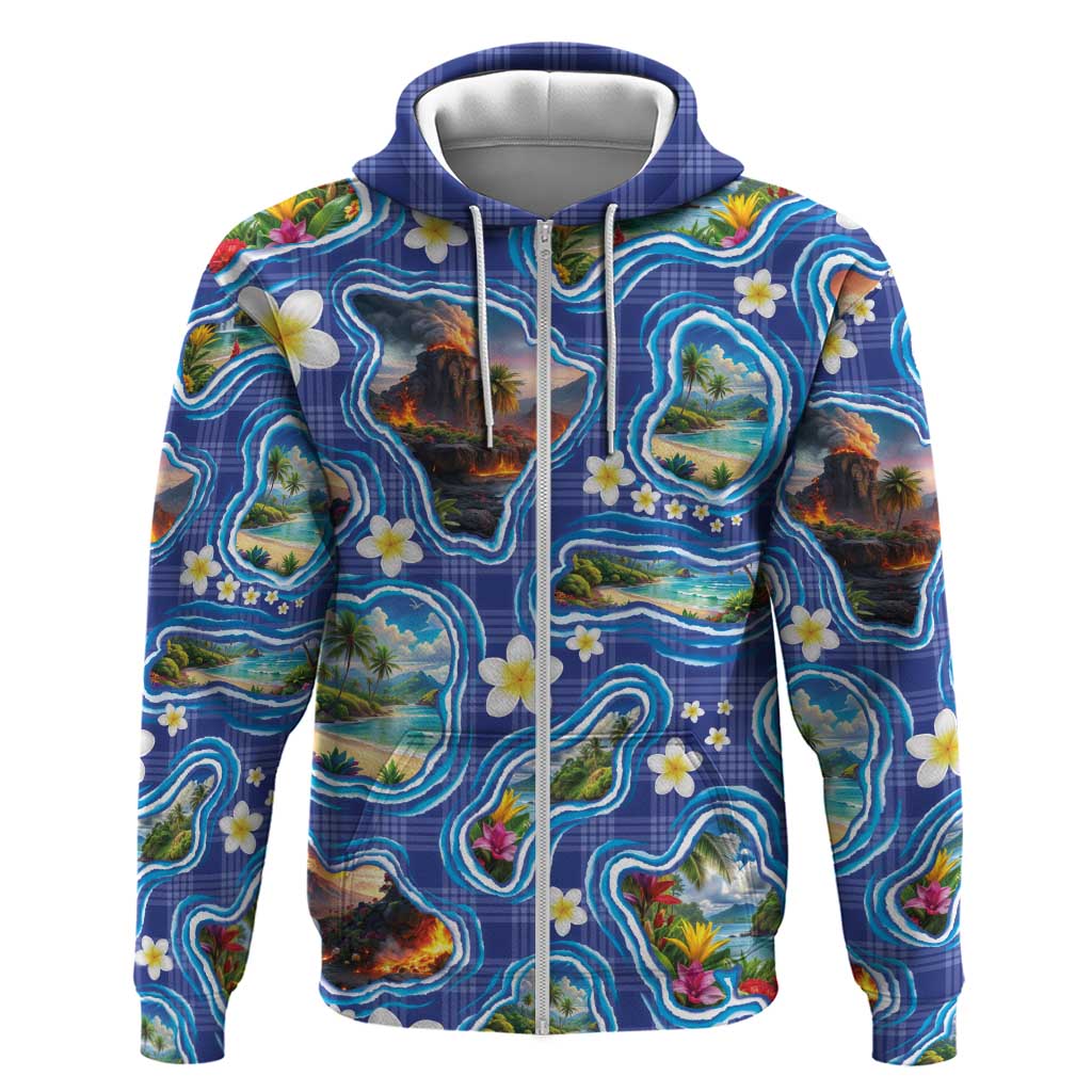 Hawaiian Island Shapes-Iconic Landscape Zip Hoodie with Plumeria and Palaka Blue Color LT03 Zip Hoodie Blue - Polynesian Pride