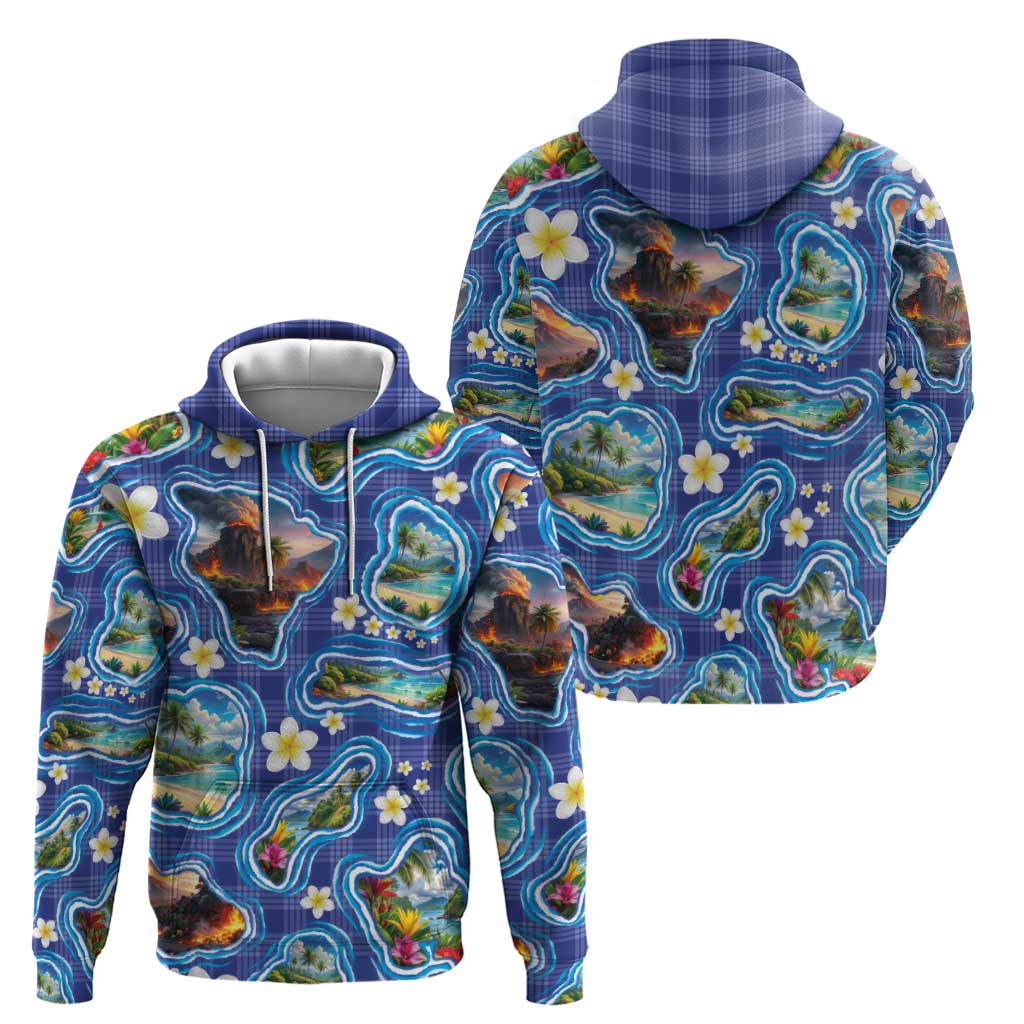 Hawaiian Island Shapes-Iconic Landscape Zip Hoodie with Plumeria and Palaka Blue Color LT03 - Polynesian Pride