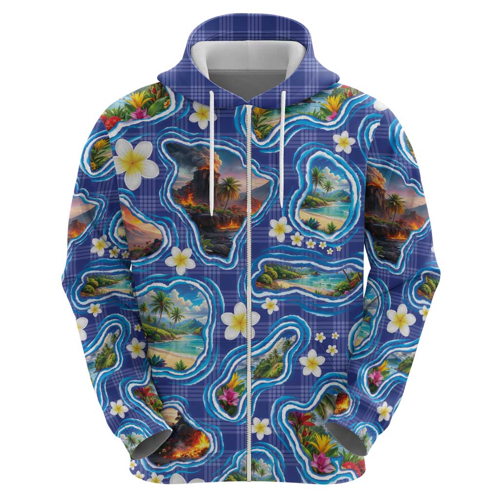 Hawaiian Island Shapes-Iconic Landscape Zip Hoodie with Plumeria and Palaka Blue Color LT03 - Polynesian Pride