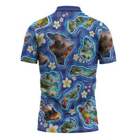 Hawaiian Island Shapes-Iconic Landscape Zipper Polo Shirt with Plumeria and Palaka Blue Color LT03 - Polynesian Pride