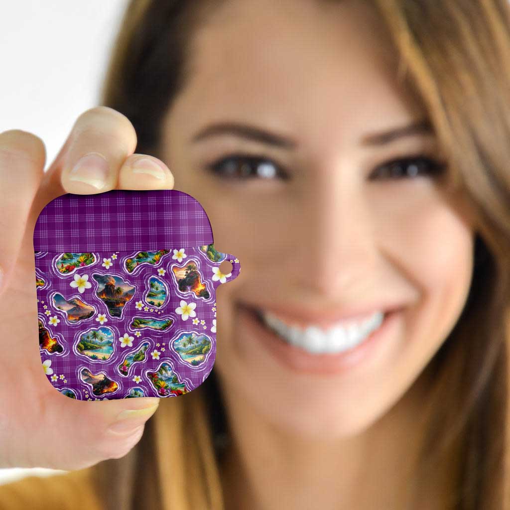 Hawaiian Island Shapes-Iconic Landscape AirPods Case with Plumeria and Palaka Purple Color LT03 - Polynesian Pride