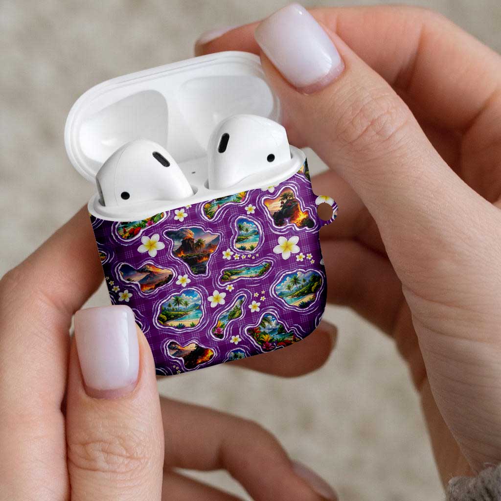 Hawaiian Island Shapes-Iconic Landscape AirPods Case with Plumeria and Palaka Purple Color LT03 - Polynesian Pride
