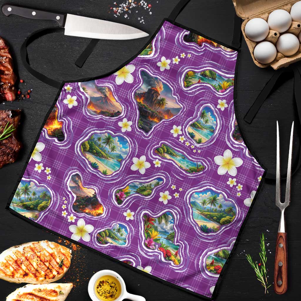 Hawaiian Island Shapes-Iconic Landscape Apron with Plumeria and Palaka Purple Color LT03 Purple - Polynesian Pride