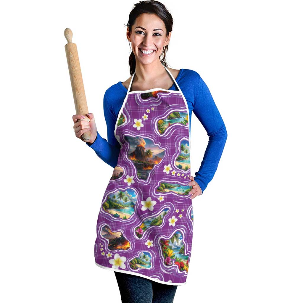 Hawaiian Island Shapes-Iconic Landscape Apron with Plumeria and Palaka Purple Color LT03 - Polynesian Pride
