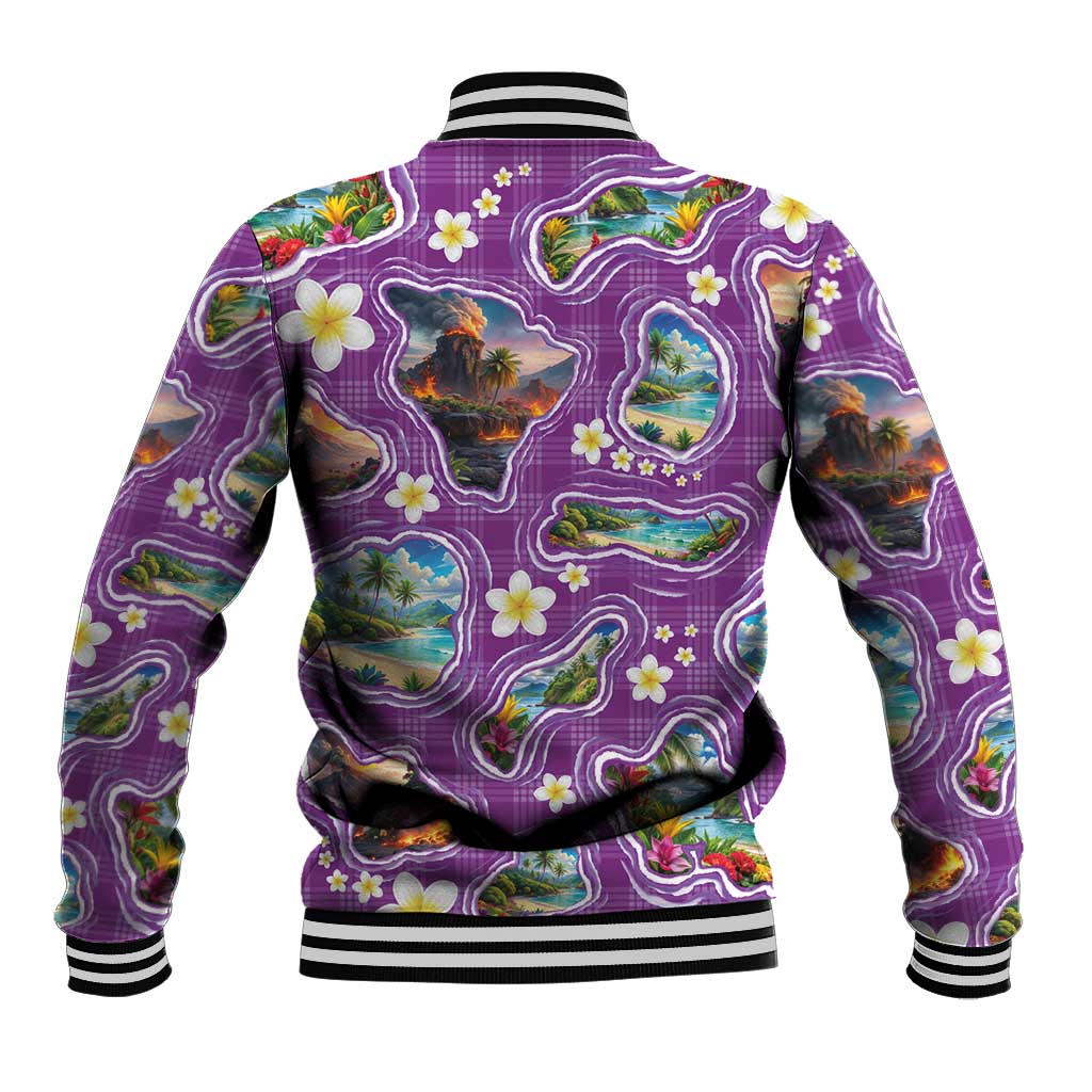 Hawaiian Island Shapes-Iconic Landscape Baseball Jacket with Plumeria and Palaka Purple Color LT03 - Polynesian Pride