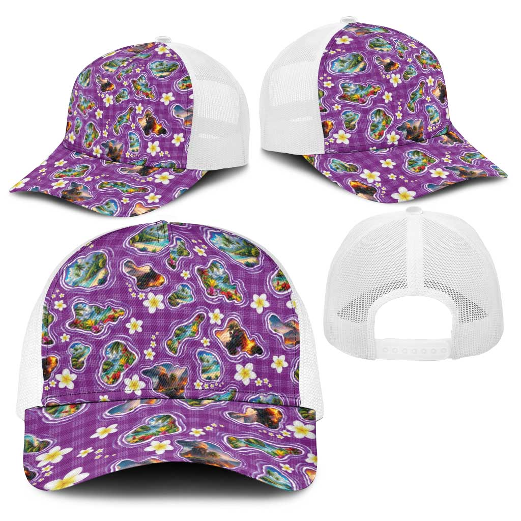 Hawaiian Island Shapes-Iconic Landscape Baseball Net Cap with Plumeria and Palaka Purple Color LT03 - Polynesian Pride