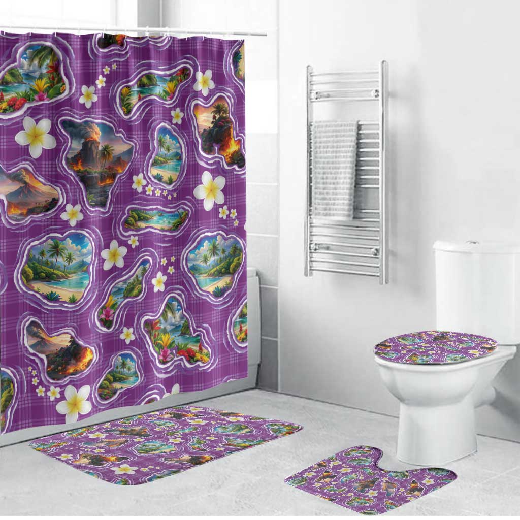 Hawaiian Island Shapes-Iconic Landscape Bathroom Set with Plumeria and Palaka Purple Color LT03 Bathroom Set (4 pcs) Purple - Polynesian Pride