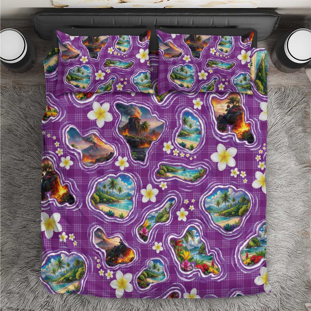 Hawaiian Island Shapes-Iconic Landscape Bedding Set with Plumeria and Palaka Purple Color LT03 Purple - Polynesian Pride