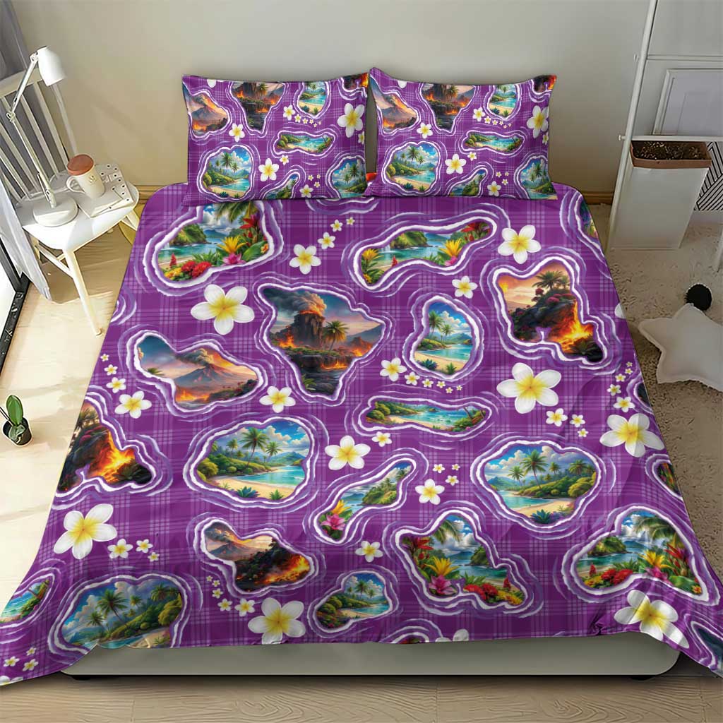 Hawaiian Island Shapes-Iconic Landscape Bedding Set with Plumeria and Palaka Purple Color LT03 - Polynesian Pride