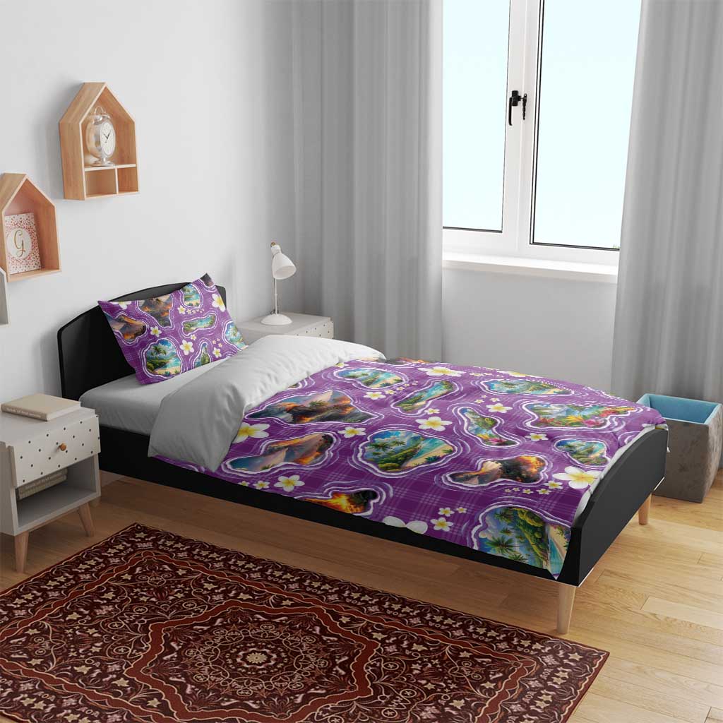 Hawaiian Island Shapes-Iconic Landscape Bedding Set with Plumeria and Palaka Purple Color LT03 - Polynesian Pride