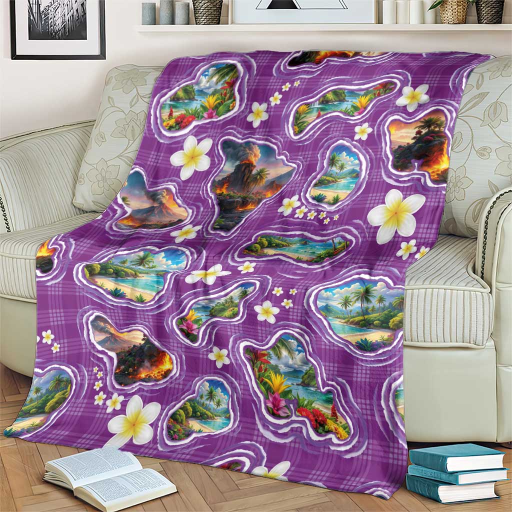 Hawaiian Island Shapes-Iconic Landscape Blanket with Plumeria and Palaka Purple Color LT03 - Polynesian Pride