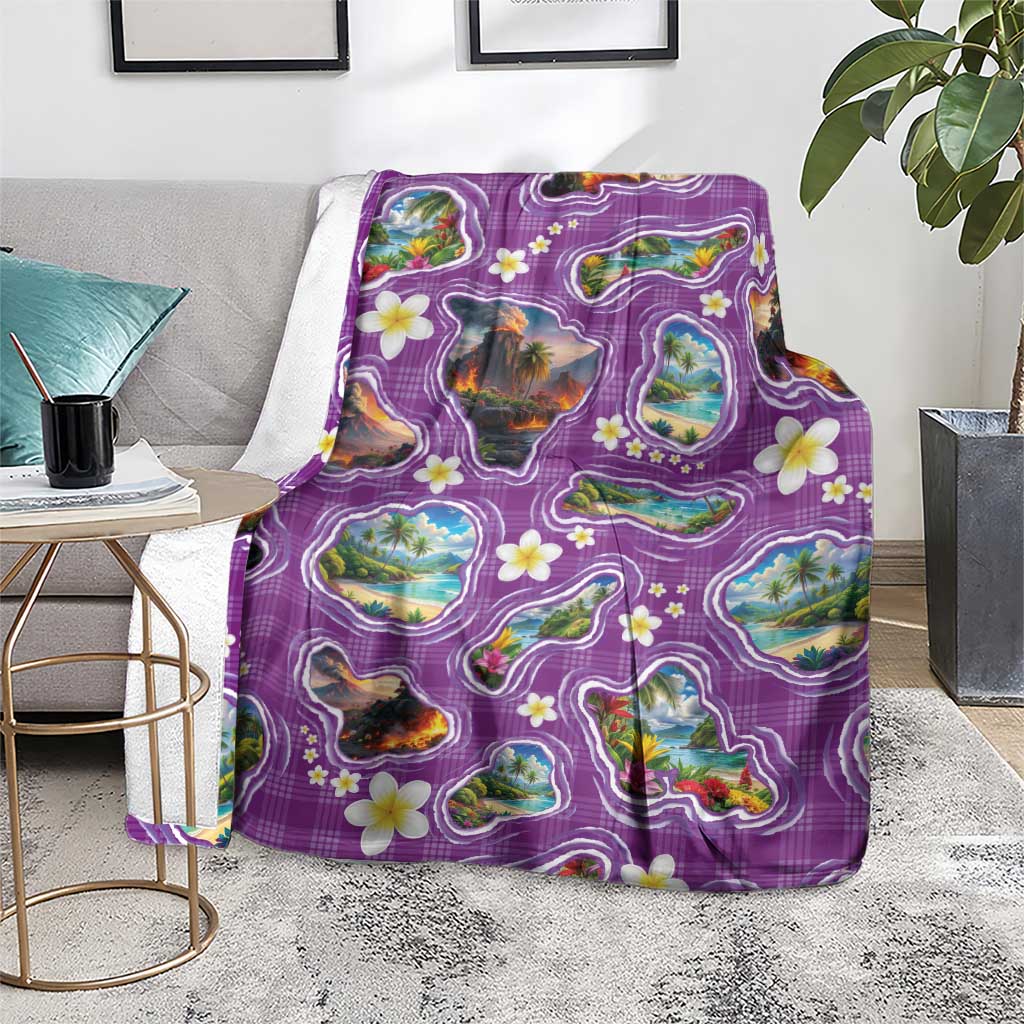 Hawaiian Island Shapes-Iconic Landscape Blanket with Plumeria and Palaka Purple Color LT03 - Polynesian Pride