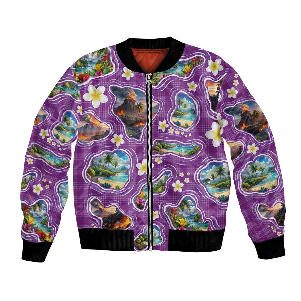 Hawaiian Island Shapes-Iconic Landscape Bomber Jacket with Plumeria and Palaka Purple Color