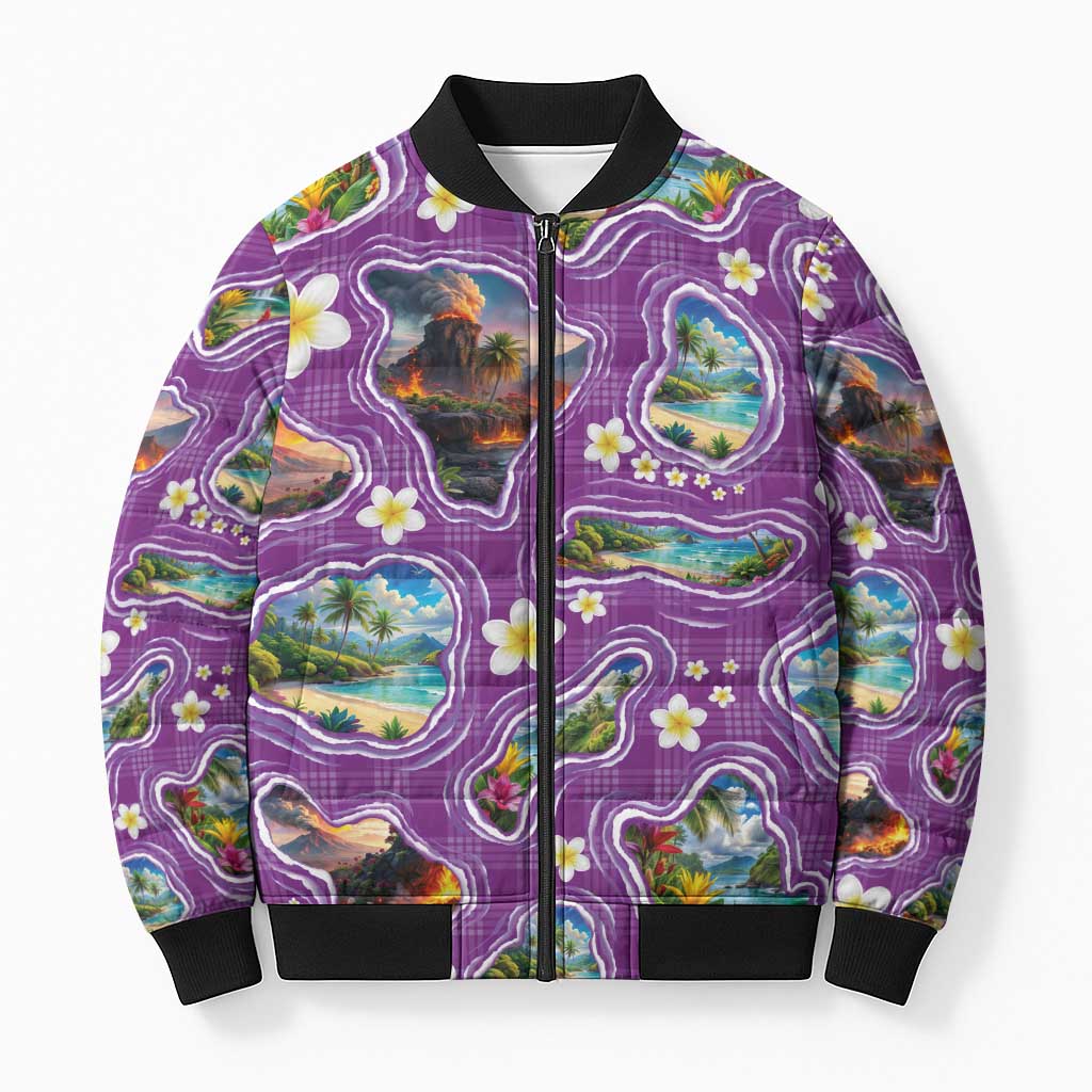 Hawaiian Island Shapes-Iconic Landscape Bomber Puffer Jacket with Plumeria and Palaka Purple Color