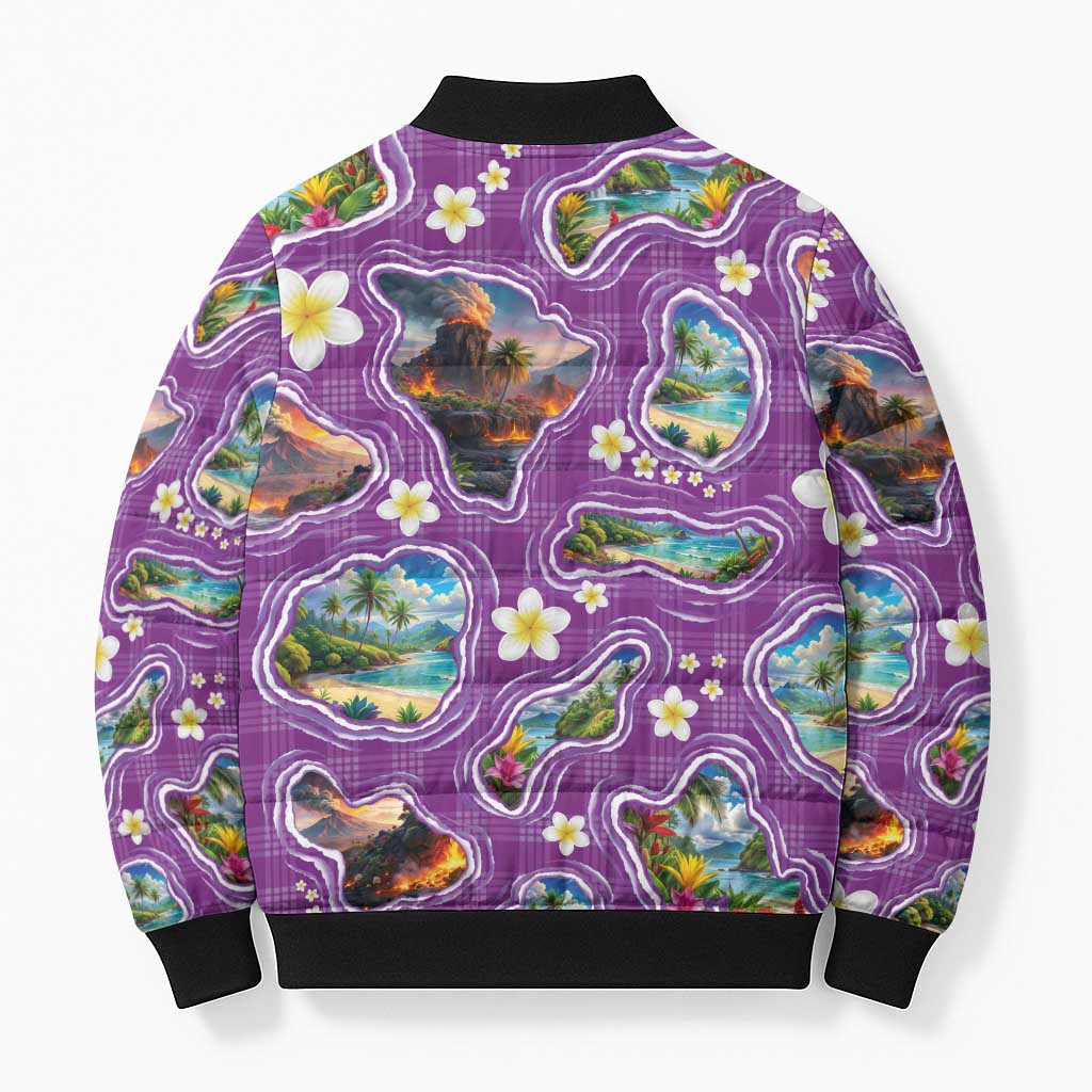Hawaiian Island Shapes-Iconic Landscape Bomber Puffer Jacket with Plumeria and Palaka Purple Color LT03 - Polynesian Pride