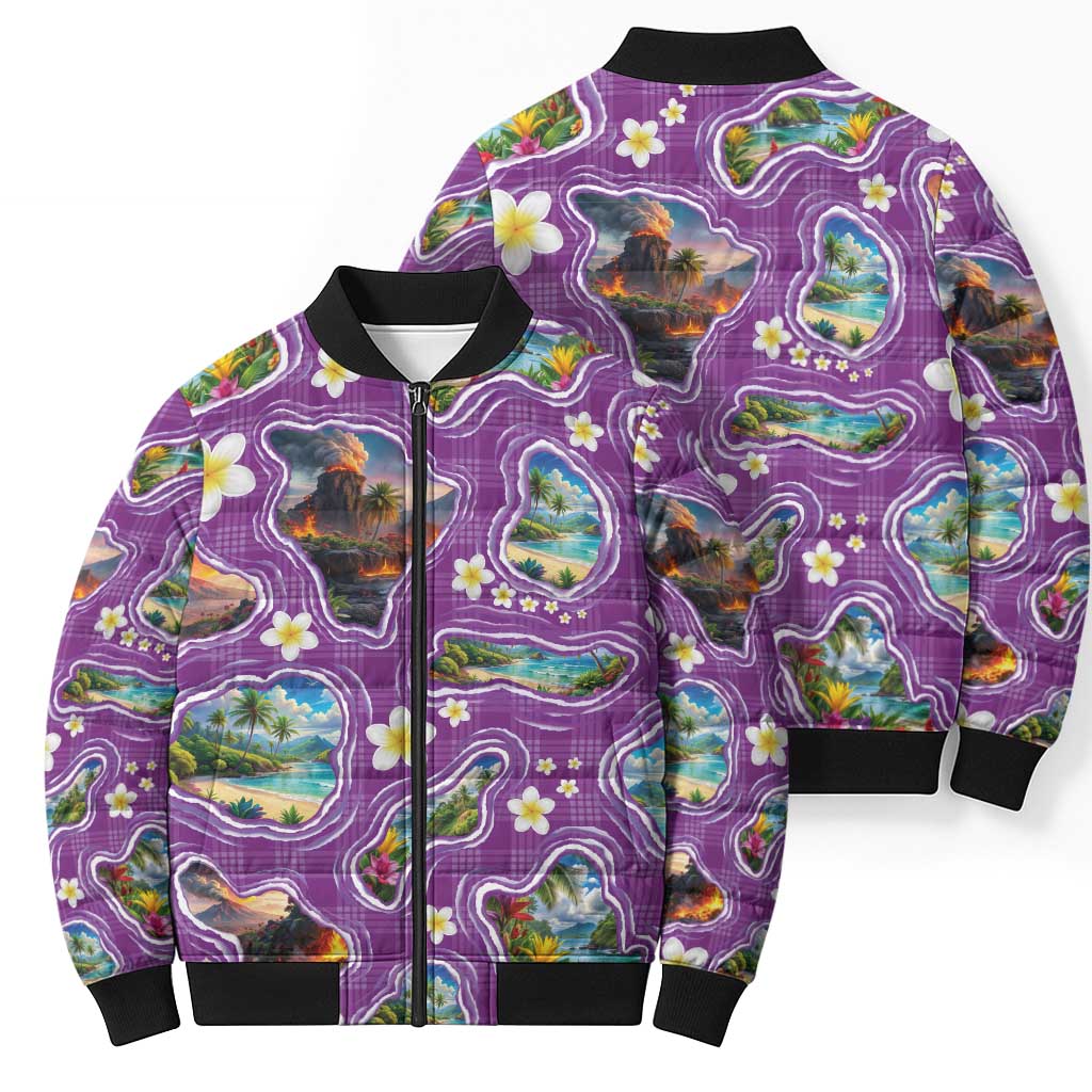 Hawaiian Island Shapes-Iconic Landscape Bomber Puffer Jacket with Plumeria and Palaka Purple Color LT03 - Polynesian Pride