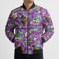 Hawaiian Island Shapes-Iconic Landscape Bomber Puffer Jacket with Plumeria and Palaka Purple Color LT03 - Polynesian Pride