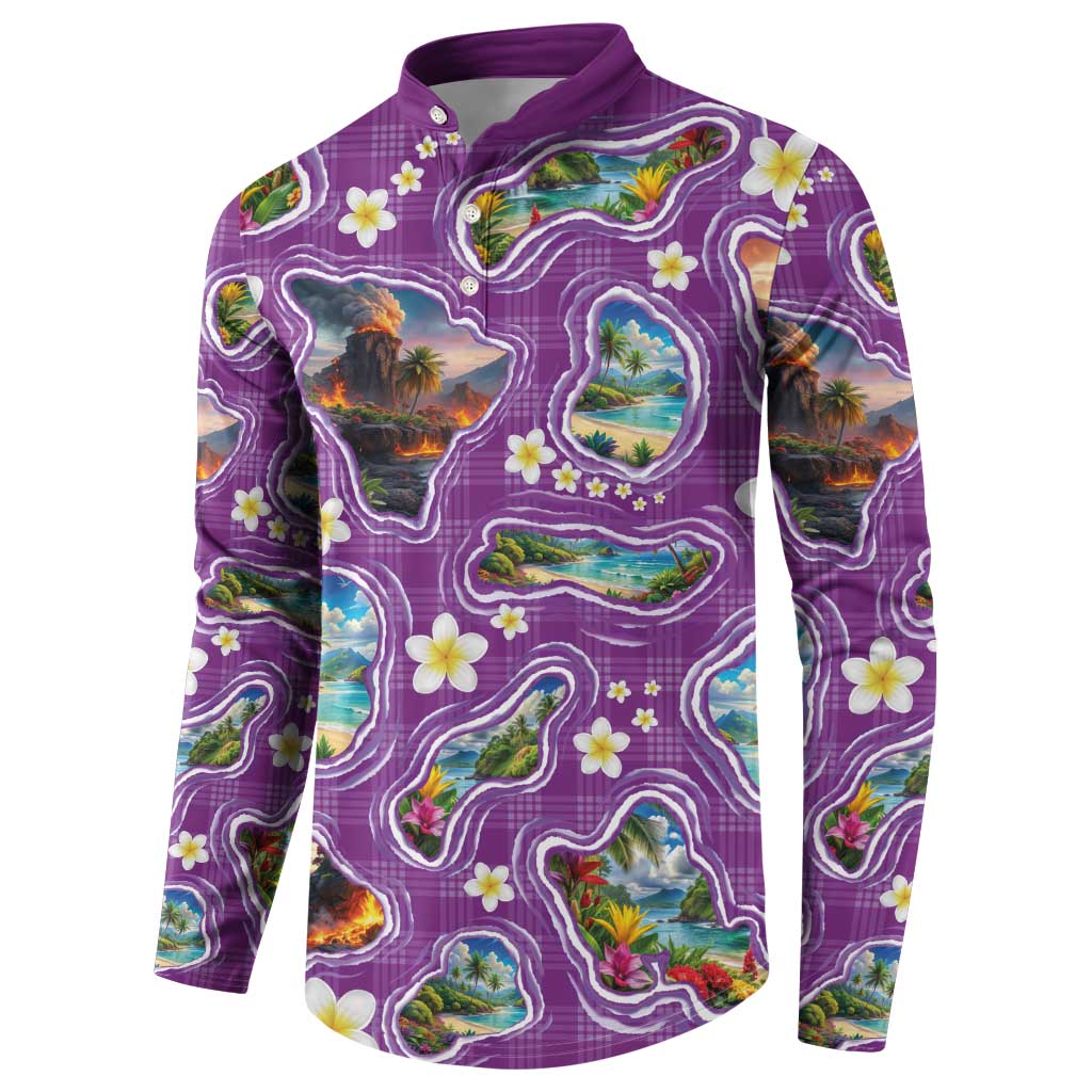 Hawaiian Island Shapes-Iconic Landscape Button Sweatshirt with Plumeria and Palaka Purple Color