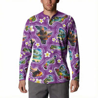 Hawaiian Island Shapes-Iconic Landscape Button Sweatshirt with Plumeria and Palaka Purple Color