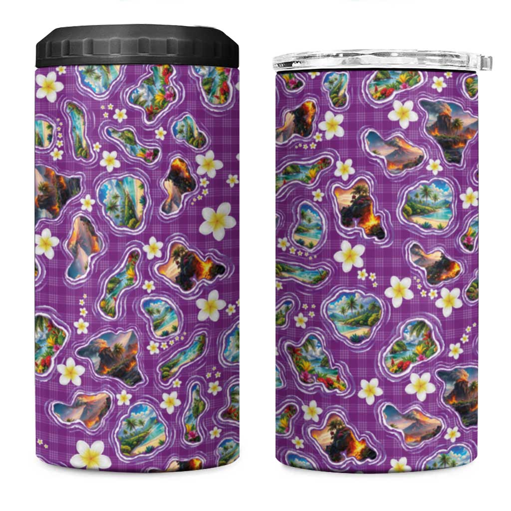 Hawaiian Island Shapes-Iconic Landscape 4 in 1 Can Cooler Tumbler with Plumeria and Palaka Purple Color LT03 One Size: 16 oz Purple - Polynesian Pride