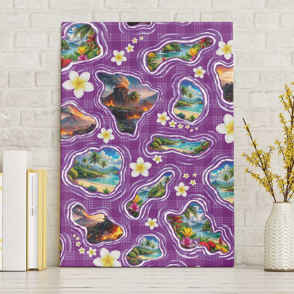 Hawaiian Island Shapes-Iconic Landscape Canvas Wall Art with Plumeria and Palaka Purple Color