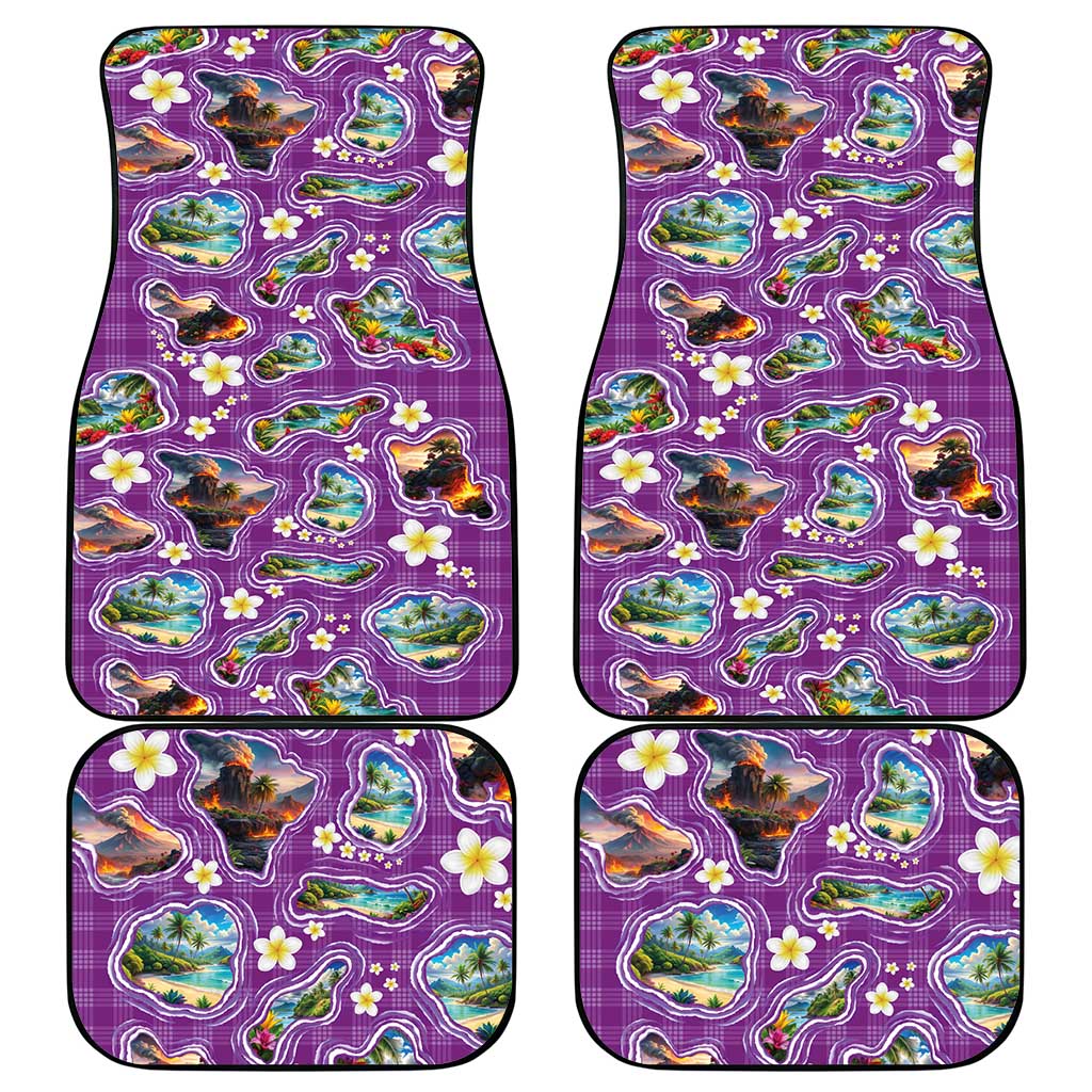 Hawaiian Island Shapes-Iconic Landscape Car Mats with Plumeria and Palaka Purple Color LT03 - Polynesian Pride