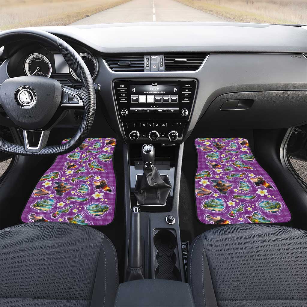 Hawaiian Island Shapes-Iconic Landscape Car Mats with Plumeria and Palaka Purple Color LT03 Set 2pcs - Front Purple - Polynesian Pride