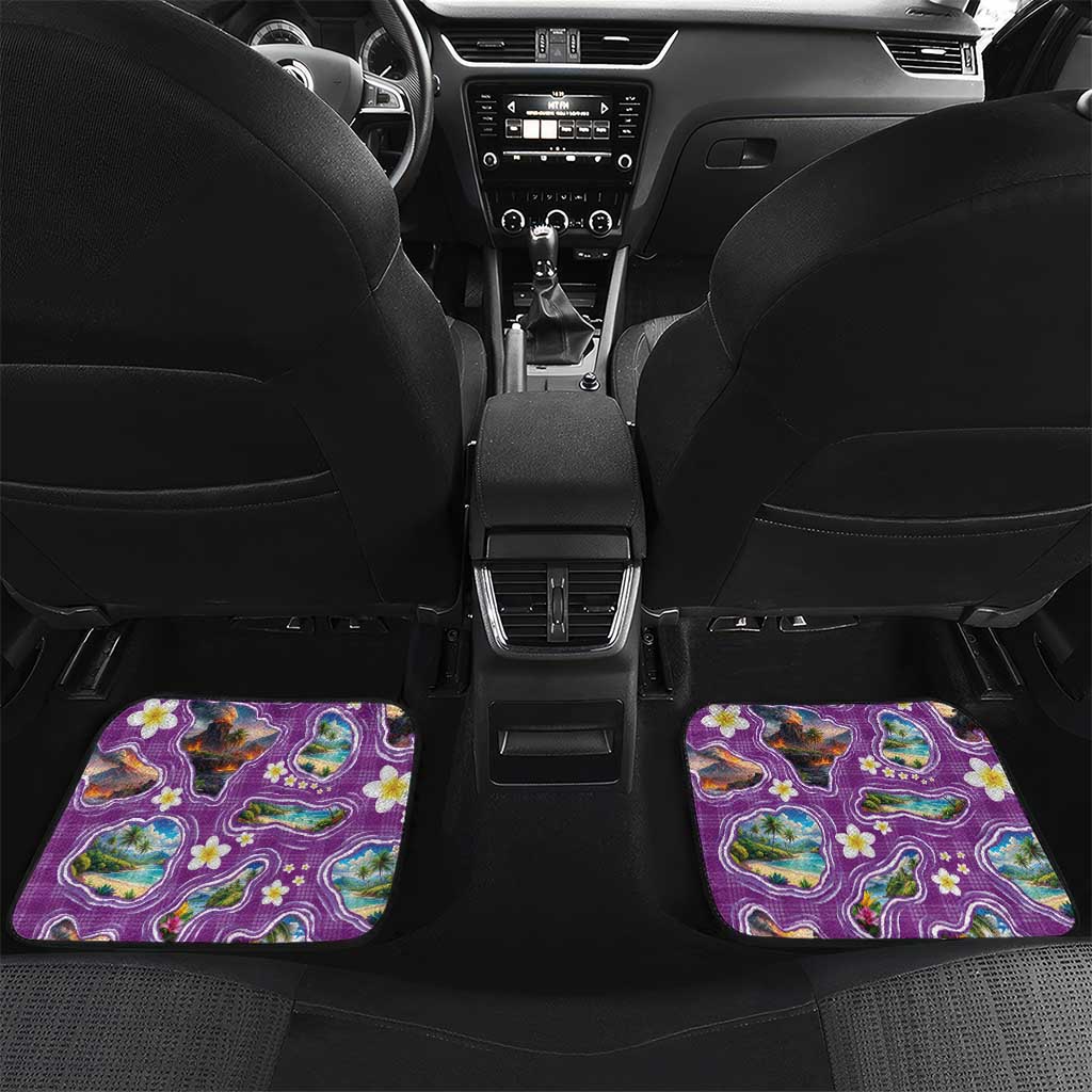 Hawaiian Island Shapes-Iconic Landscape Car Mats with Plumeria and Palaka Purple Color LT03 Set 2pcs - Back Purple - Polynesian Pride