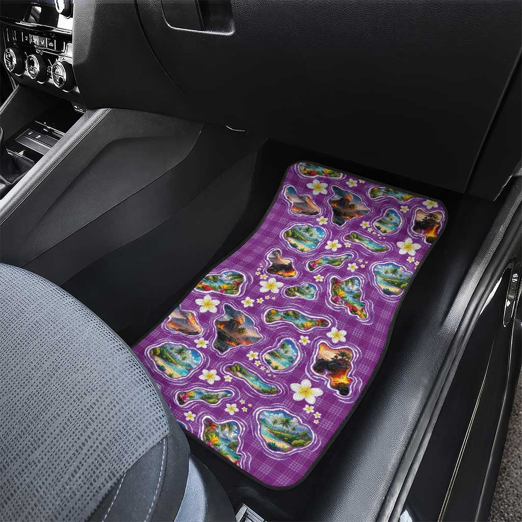 Hawaiian Island Shapes-Iconic Landscape Car Mats with Plumeria and Palaka Purple Color LT03 - Polynesian Pride