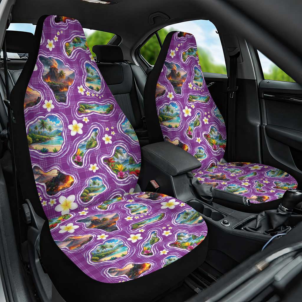 Hawaiian Island Shapes-Iconic Landscape Car Seat Cover with Plumeria and Palaka Purple Color