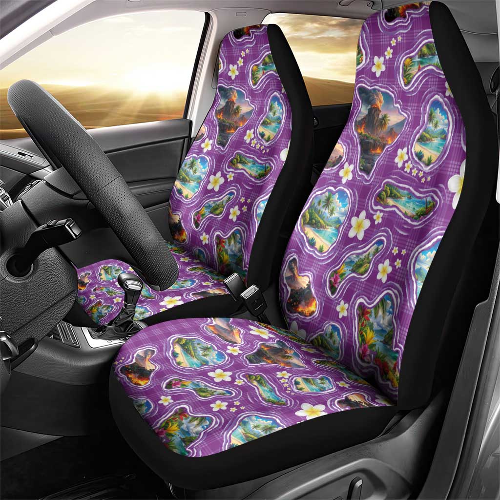 Hawaiian Island Shapes-Iconic Landscape Car Seat Cover with Plumeria and Palaka Purple Color LT03 - Polynesian Pride