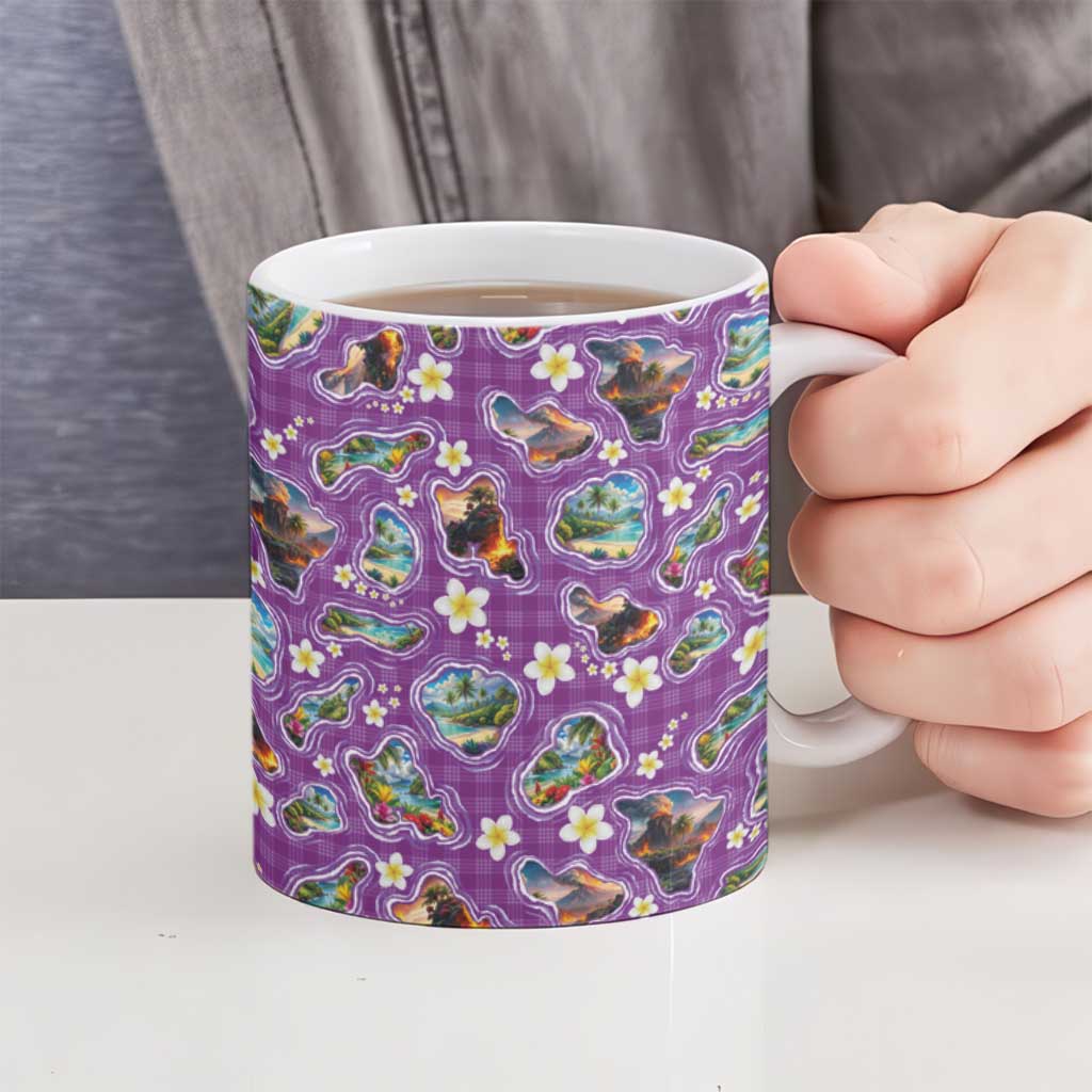 Hawaiian Island Shapes-Iconic Landscape Ceramic Mug with Plumeria and Palaka Purple Color