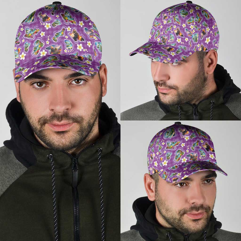 Hawaiian Island Shapes-Iconic Landscape Classic Cap with Plumeria and Palaka Purple Color LT03 - Polynesian Pride