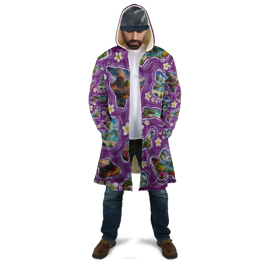 Hawaiian Island Shapes-Iconic Landscape Cloak with Plumeria and Palaka Purple Color LT03 - Polynesian Pride