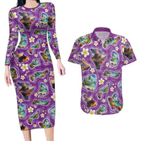 Hawaiian Island Shapes-Iconic Landscape Couples Matching Long Sleeve Bodycon Dress and Hawaiian Shirt with Plumeria and Palaka Purple Color LT03 Purple - Polynesian Pride