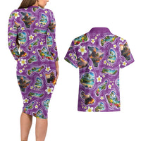 Hawaiian Island Shapes-Iconic Landscape Couples Matching Long Sleeve Bodycon Dress and Hawaiian Shirt with Plumeria and Palaka Purple Color LT03 - Polynesian Pride