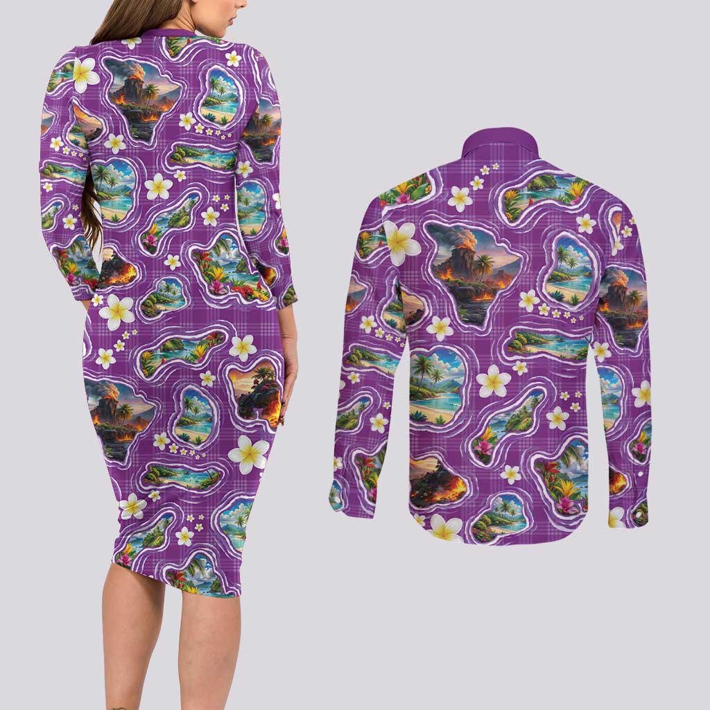 Hawaiian Island Shapes-Iconic Landscape Couples Matching Long Sleeve Bodycon Dress and Long Sleeve Button Shirt with Plumeria and Palaka Purple Color LT03 - Polynesian Pride