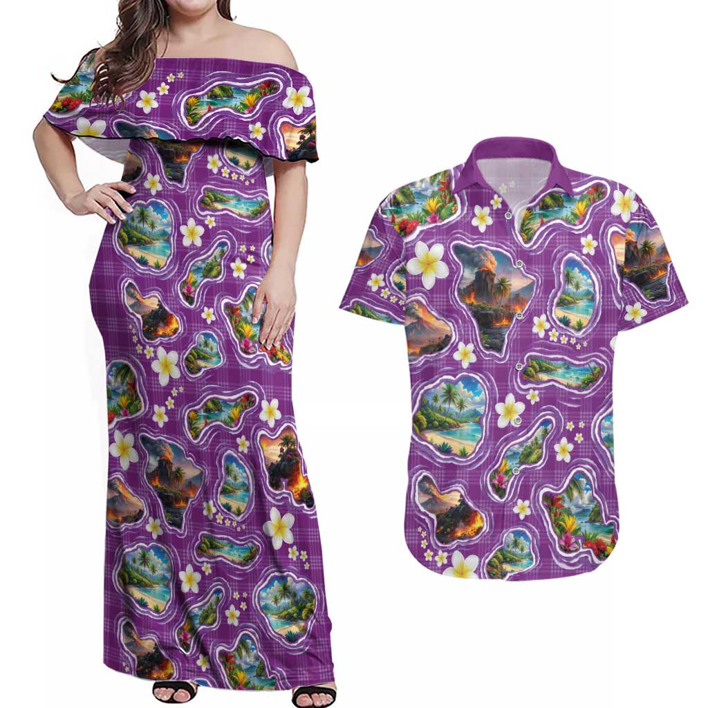 Hawaiian Island Shapes-Iconic Landscape Couples Matching Off Shoulder Maxi Dress and Hawaiian Shirt with Plumeria and Palaka Purple Color LT03 Purple - Polynesian Pride
