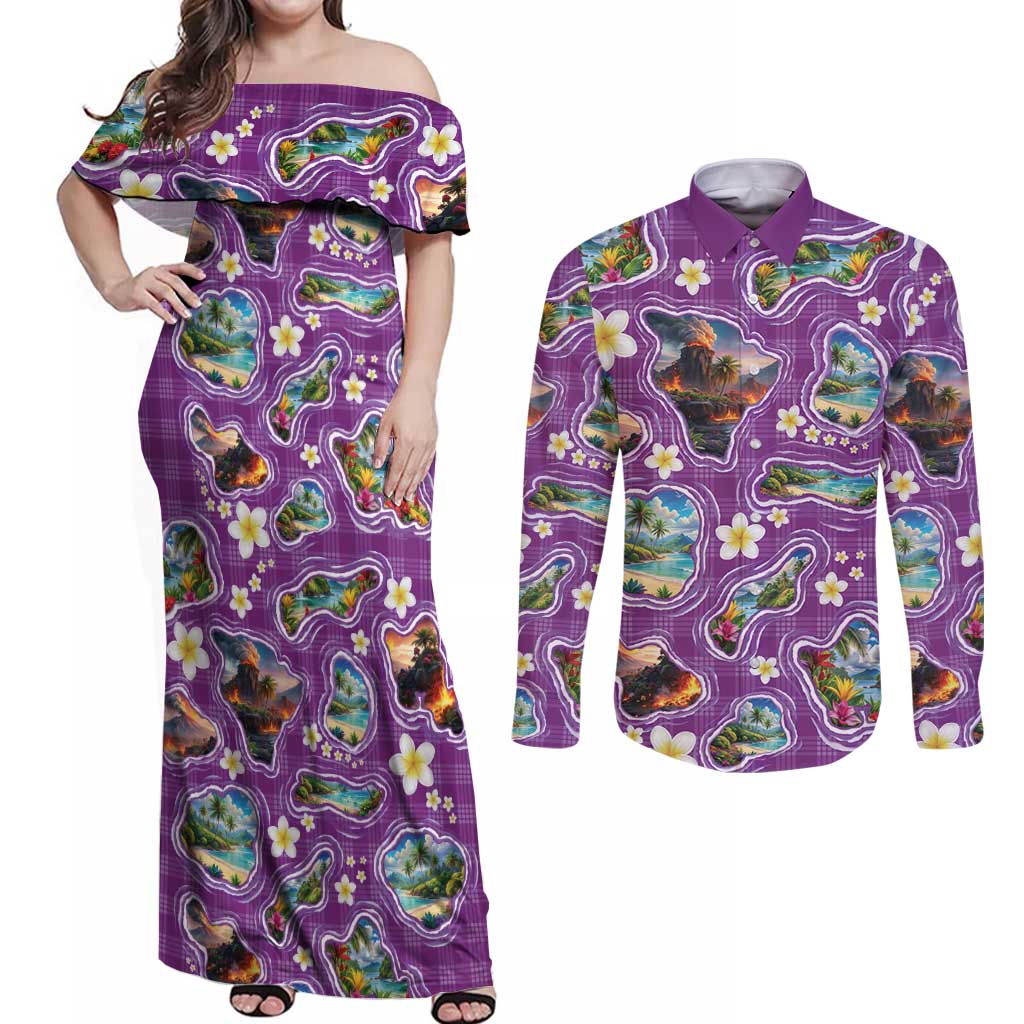 Hawaiian Island Shapes-Iconic Landscape Couples Matching Off Shoulder Maxi Dress and Long Sleeve Button Shirt with Plumeria and Palaka Purple Color LT03 Purple - Polynesian Pride