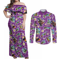 Hawaiian Island Shapes-Iconic Landscape Couples Matching Off Shoulder Maxi Dress and Long Sleeve Button Shirt with Plumeria and Palaka Purple Color LT03 Purple - Polynesian Pride