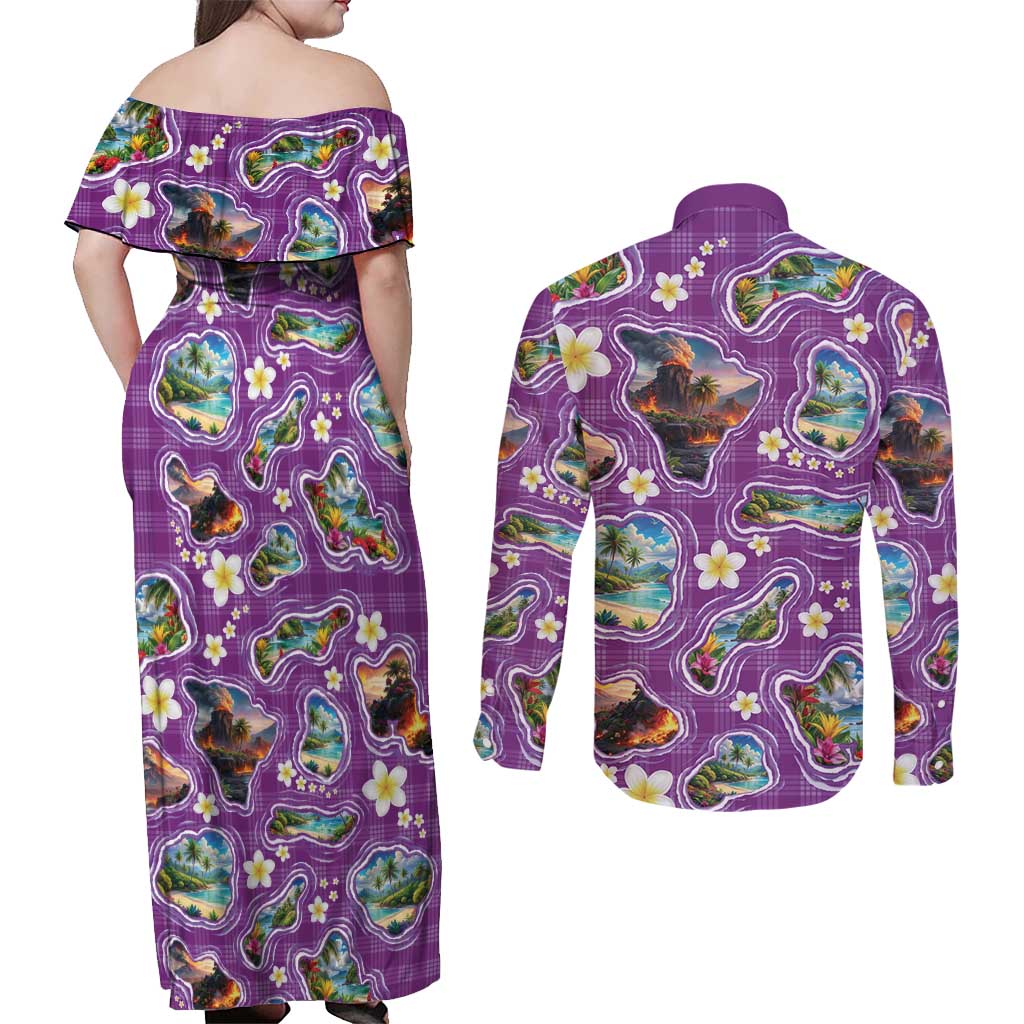 Hawaiian Island Shapes-Iconic Landscape Couples Matching Off Shoulder Maxi Dress and Long Sleeve Button Shirt with Plumeria and Palaka Purple Color LT03 - Polynesian Pride