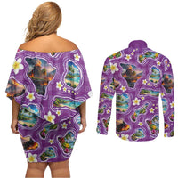 Hawaiian Island Shapes-Iconic Landscape Couples Matching Off Shoulder Short Dress and Long Sleeve Button Shirt with Plumeria and Palaka Purple Color LT03 - Polynesian Pride