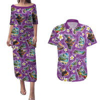Hawaiian Island Shapes-Iconic Landscape Couples Matching Puletasi and Hawaiian Shirt with Plumeria and Palaka Purple Color LT03 Purple - Polynesian Pride