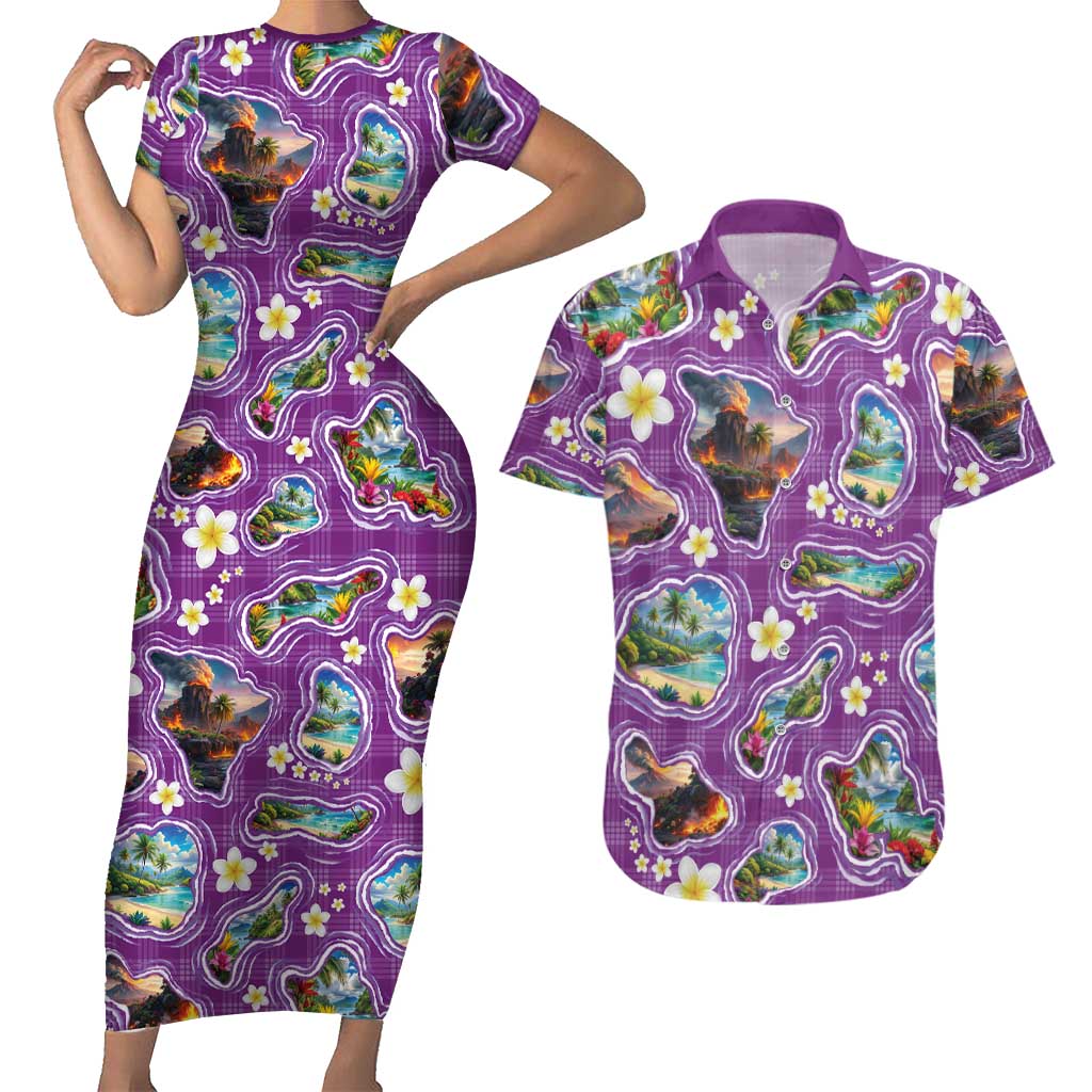 Hawaiian Island Shapes-Iconic Landscape Couples Matching Short Sleeve Bodycon Dress and Hawaiian Shirt with Plumeria and Palaka Purple Color LT03 Purple - Polynesian Pride