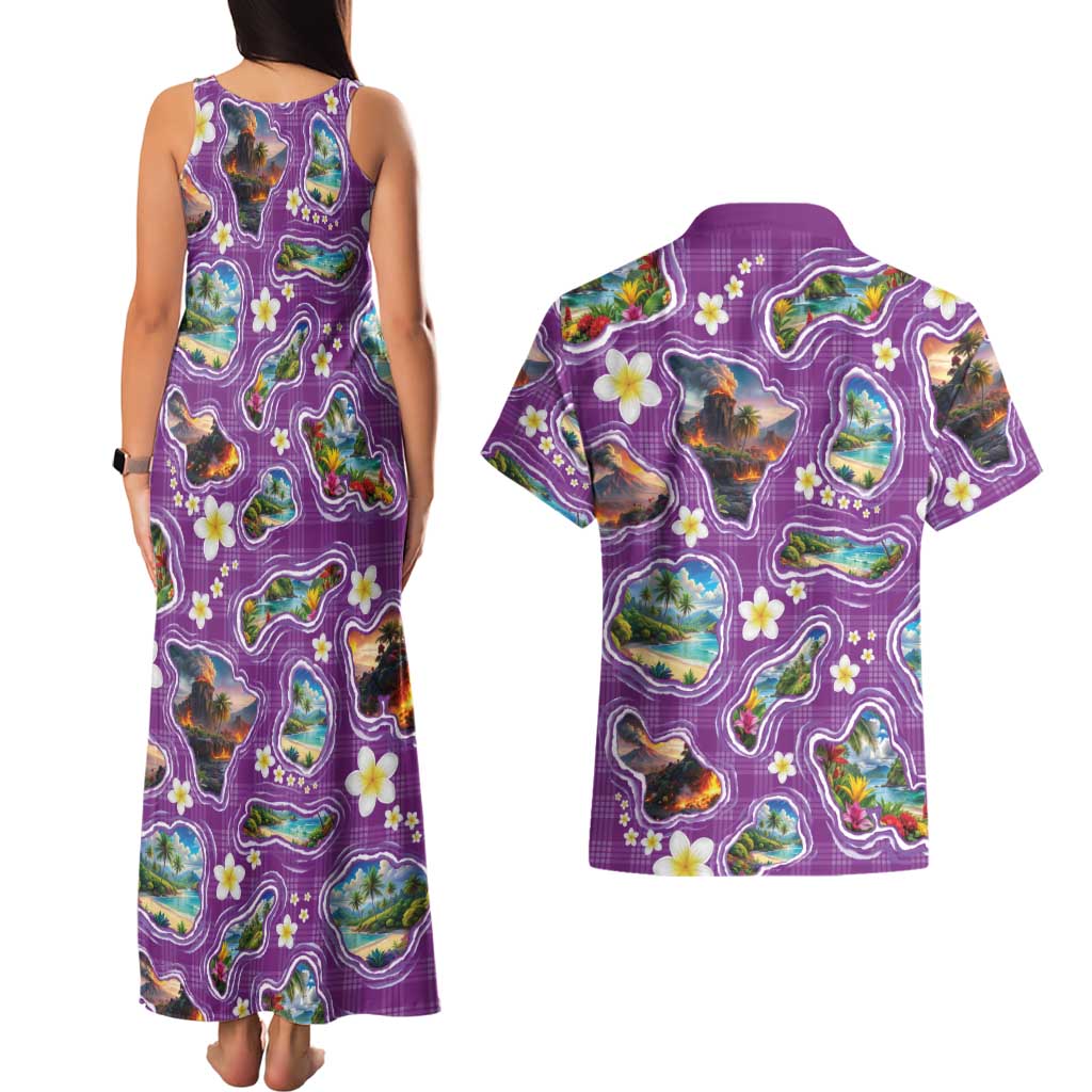 Hawaiian Island Shapes-Iconic Landscape Couples Matching Tank Maxi Dress and Hawaiian Shirt with Plumeria and Palaka Purple Color LT03 - Polynesian Pride