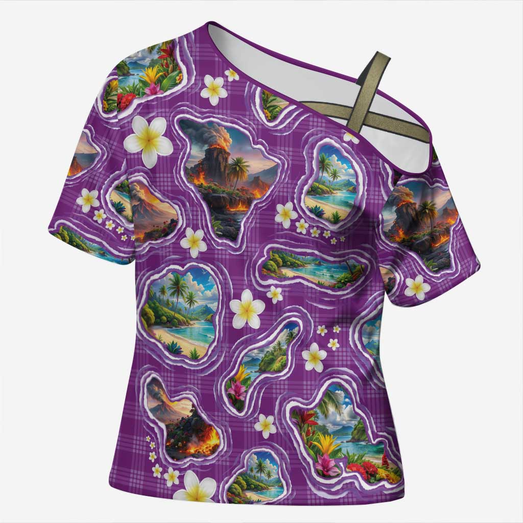 Hawaiian Island Shapes-Iconic Landscape Cross Shoulder Shirt with Plumeria and Palaka Purple Color