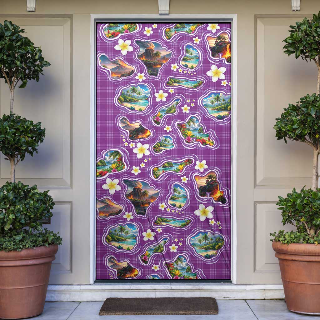 Hawaiian Island Shapes-Iconic Landscape Door Cover with Plumeria and Palaka Purple Color LT03 Purple - Polynesian Pride