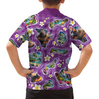Hawaiian Island Shapes-Iconic Landscape Family Matching Long Sleeve Bodycon Dress and Hawaiian Shirt with Plumeria and Palaka Purple Color LT03 - Polynesian Pride