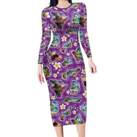 Hawaiian Island Shapes-Iconic Landscape Family Matching Long Sleeve Bodycon Dress and Hawaiian Shirt with Plumeria and Palaka Purple Color LT03 Mom's Dress Purple - Polynesian Pride