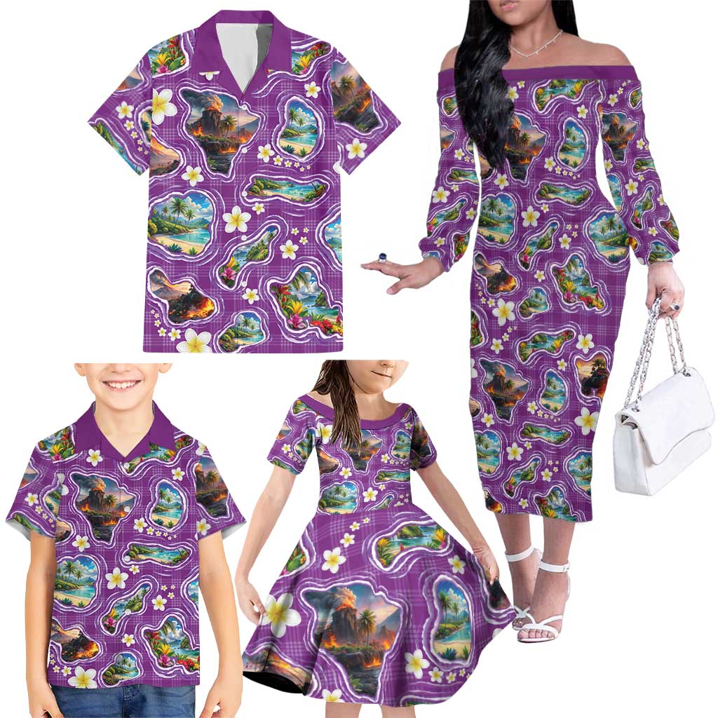 Hawaiian Island Shapes-Iconic Landscape Family Matching Off The Shoulder Long Sleeve Dress and Hawaiian Shirt with Plumeria and Palaka Purple Color